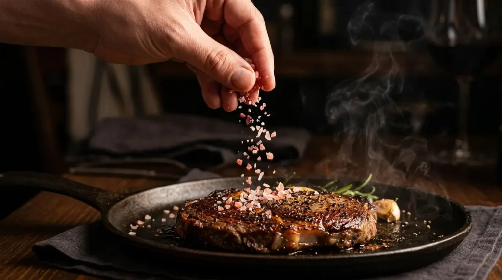 Hand sprinkling Sherpa Pink Himalayan salt finishing flakes over a seared steak in cast iron, flakes catching the light as they fall
