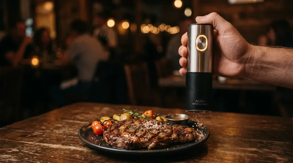 Hand pressing the button on an electric salt grinder to season a grilled steak