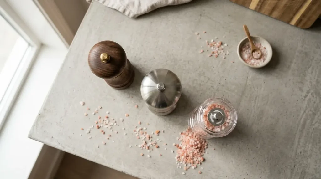 Three pink salt grinders in wood, steel, and acrylic surrounded by coarse Himalayan pink salt crystals