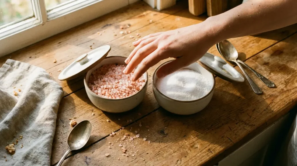 Hand choosing between a bowl of Himalayan pink salt and a bowl of table salt