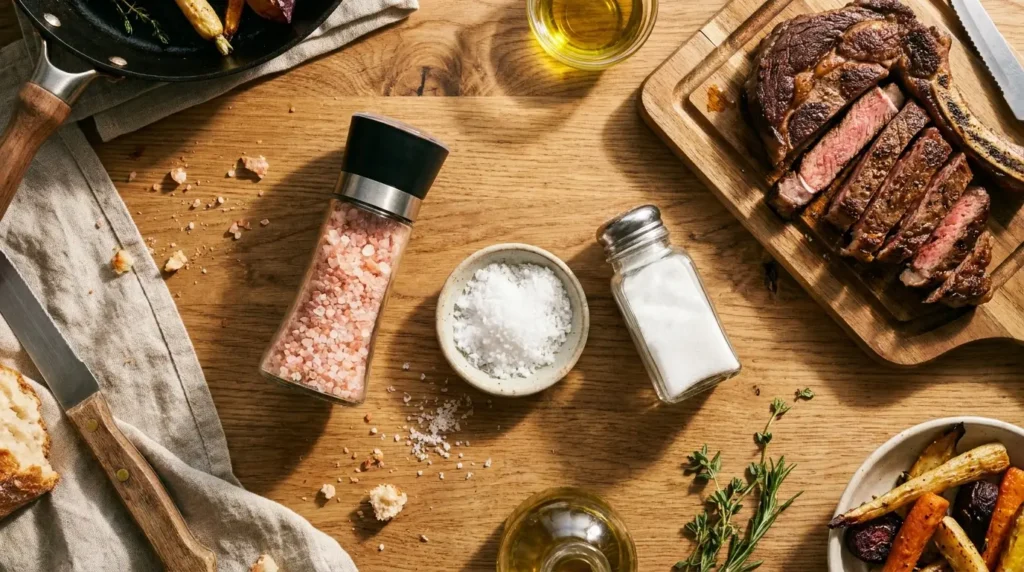 Salt grinder, salt shaker, and fresh ingredients showing different cooking uses for pink salt and table salt