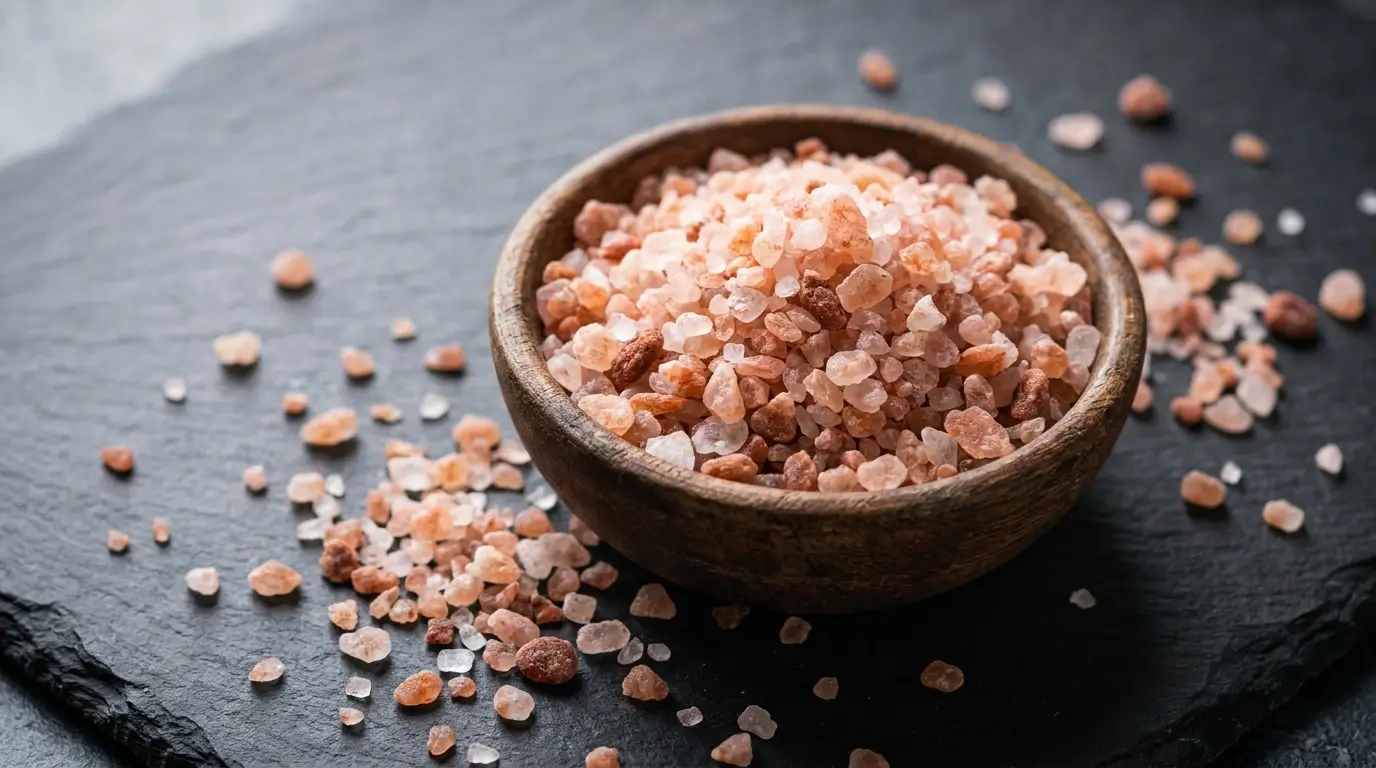 Coarse Himalayan pink salt crystals in a wooden bowl on a dark slate surface