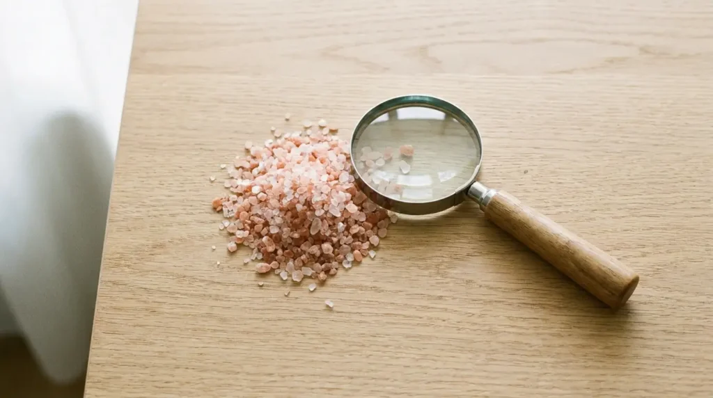 Himalayan pink salt beside a magnifying glass representing fact-checking health claims