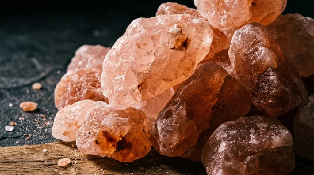 Close-up of raw Himalayan pink salt rock crystals showing natural pink color