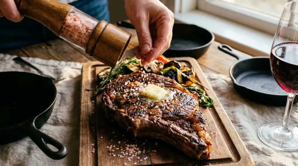 Coarse Himalayan pink salt being sprinkled over a grilled steak