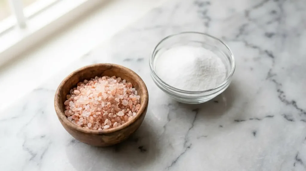 Bowl of Himalayan pink salt next to iodized table salt on a marble counter