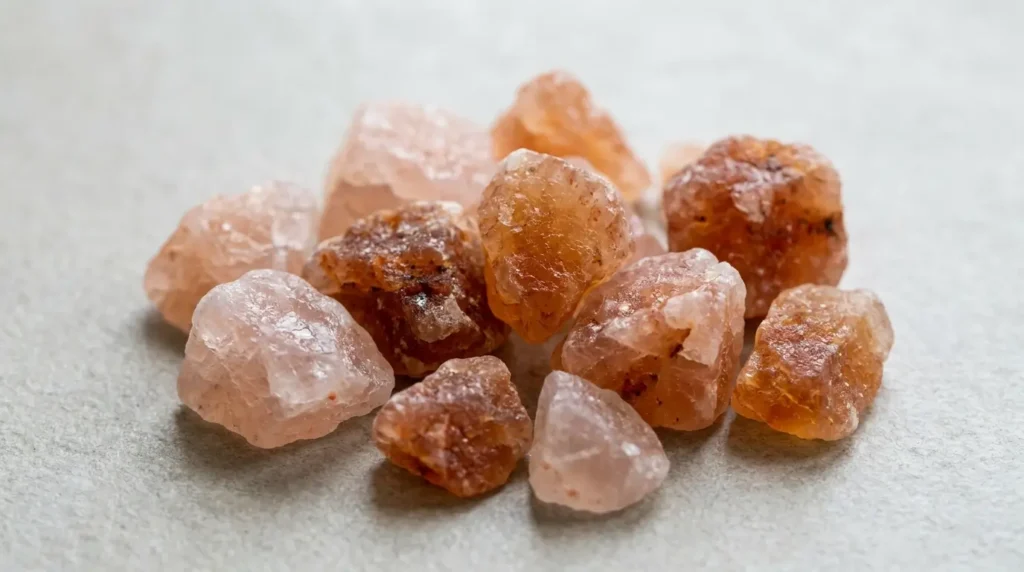 Macro close-up of Himalayan pink salt crystals showing natural color variation