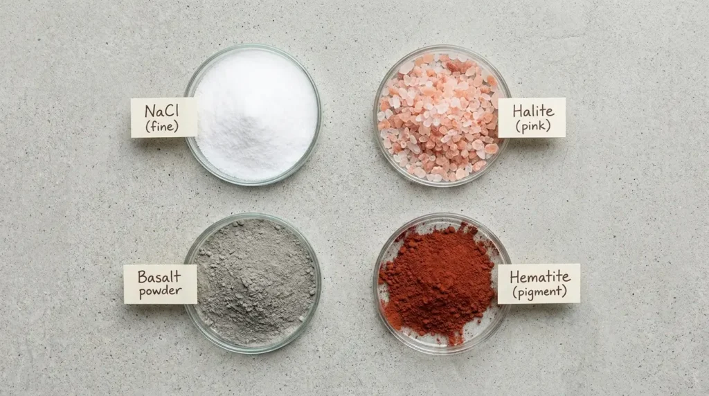 Lab dishes showing sample minerals found in Himalayan pink salt testing