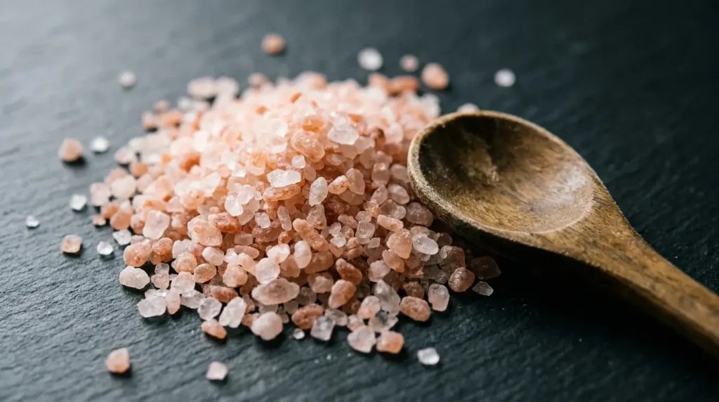 Coarse Himalayan pink salt crystals showing natural mineral-rich color variation