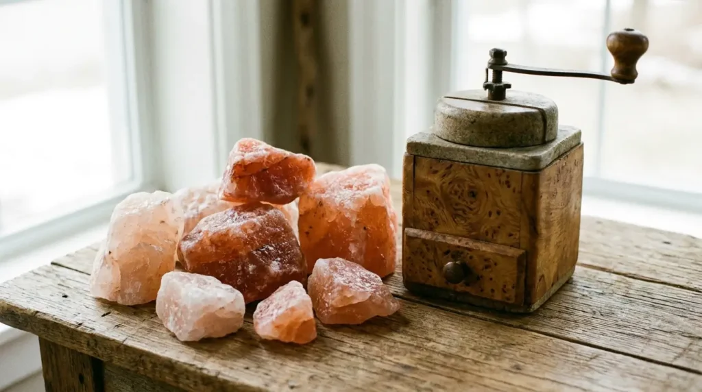 Raw unrefined Himalayan pink salt chunks beside a wooden grinder