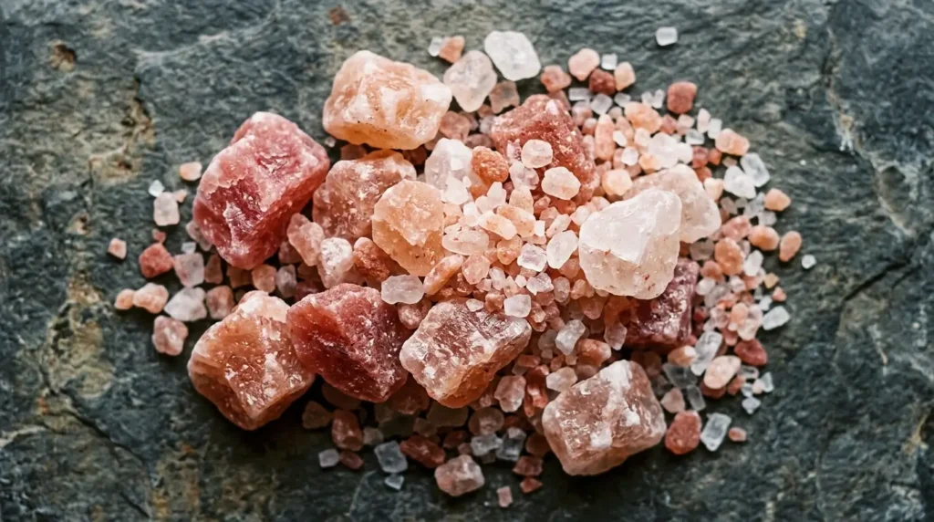 Raw Himalayan pink salt chunks freshly extracted, showing natural pink and rose coloring