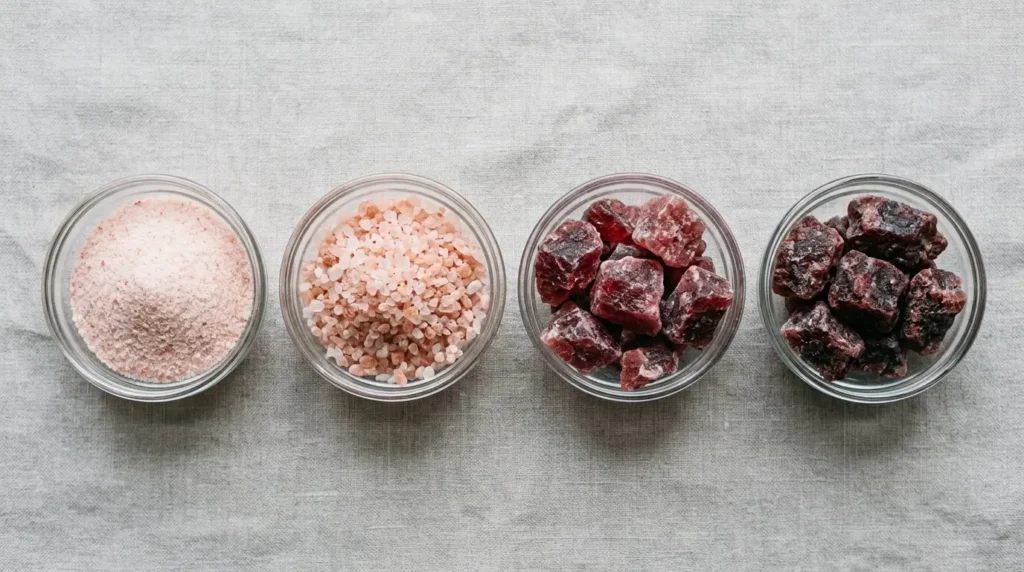 Four bowls comparing different Himalayan pink salt grades from fine food-grade to coarse decorative salt