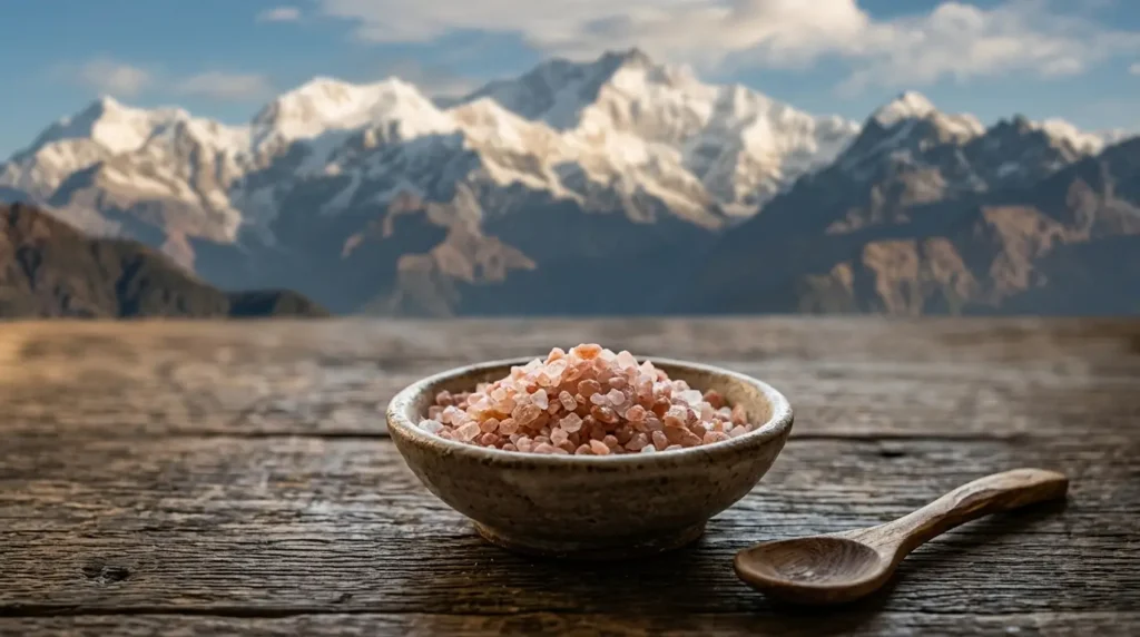 Bowl of pink Himalayan salt crystals with snow-capped Himalayan mountains blurred in the background