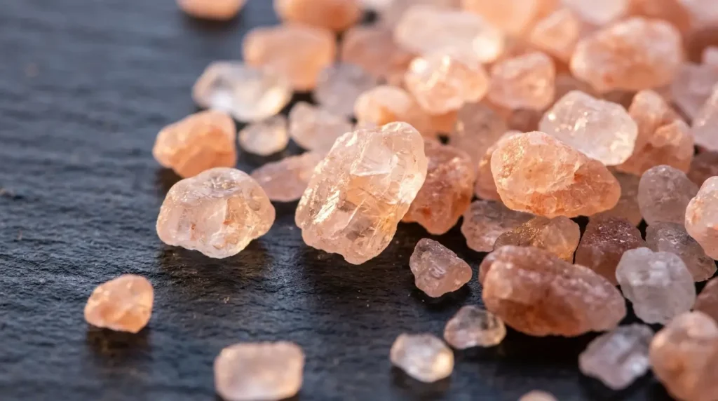 Sparkling Himalayan pink salt crystals highlighting natural trace minerals