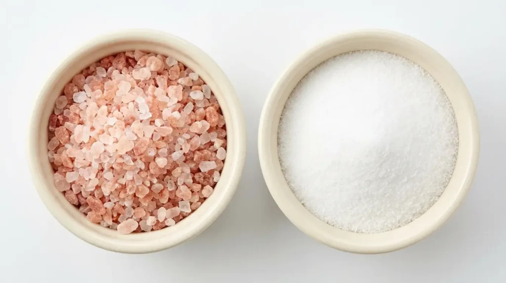 Ramekin of Himalayan pink salt next to a ramekin of iodized table salt