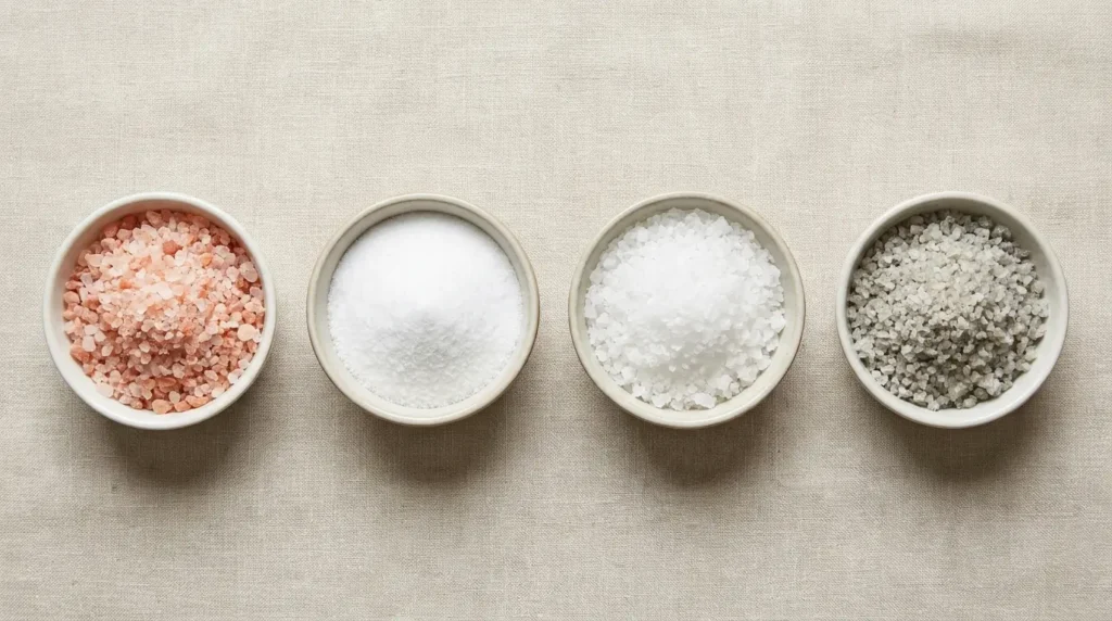 Four bowls comparing Himalayan pink salt, table salt, sea salt, and Celtic salt