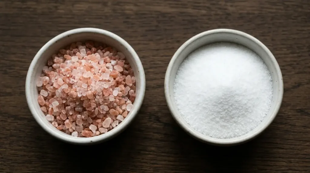 Bowls of Himalayan pink salt and table salt side by side for comparison