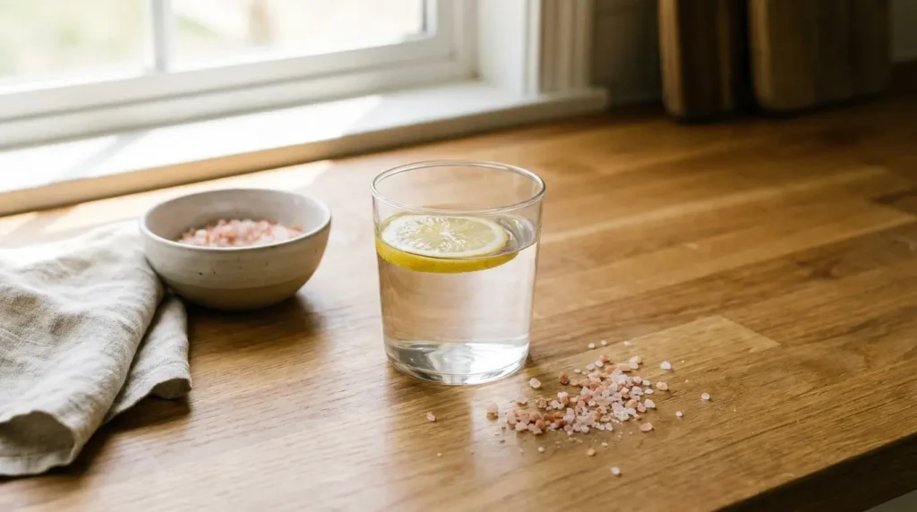Glass of water with pink Himalayan salt and lemon, the viral weight-loss drink