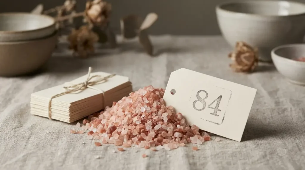 Pink Himalayan salt crystals beside a tipped-over tag representing the disputed 84-minerals claim
