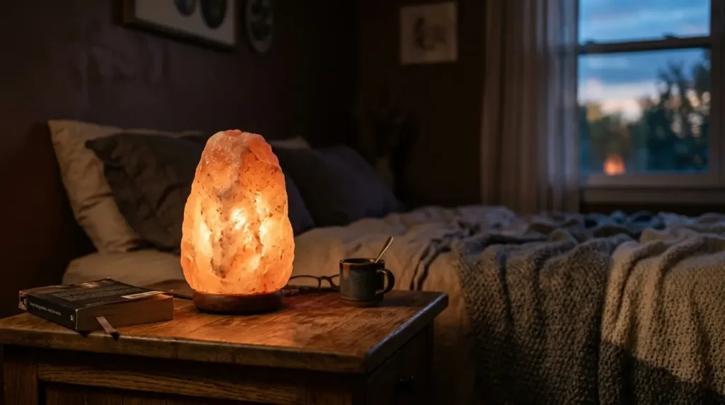 Pink Himalayan salt lamp glowing with warm amber light on a wooden nightstand in a dim bedroom