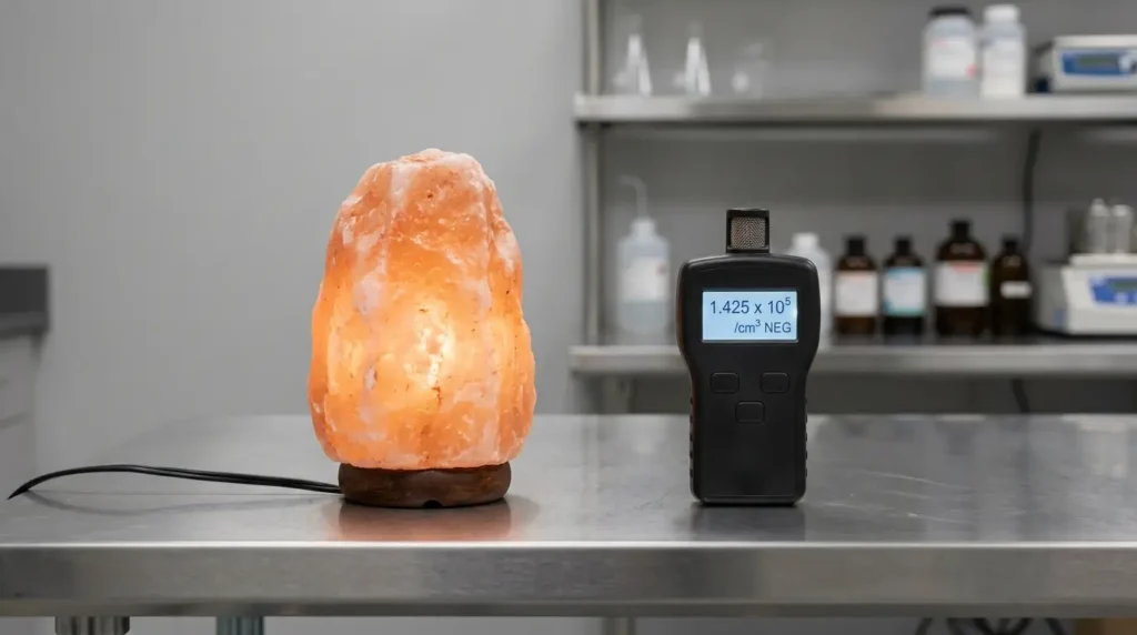A shelf display of Himalayan salt lamps in different sizes and colors for comparison before buying