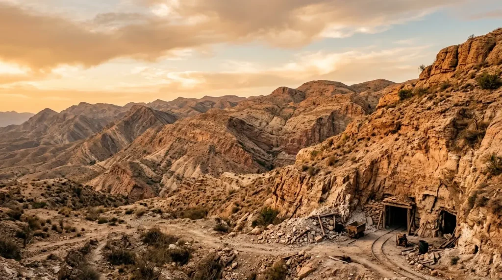 Arid hillside terrain of Pakistan's Salt Range with a salt mine entrance at golden hour