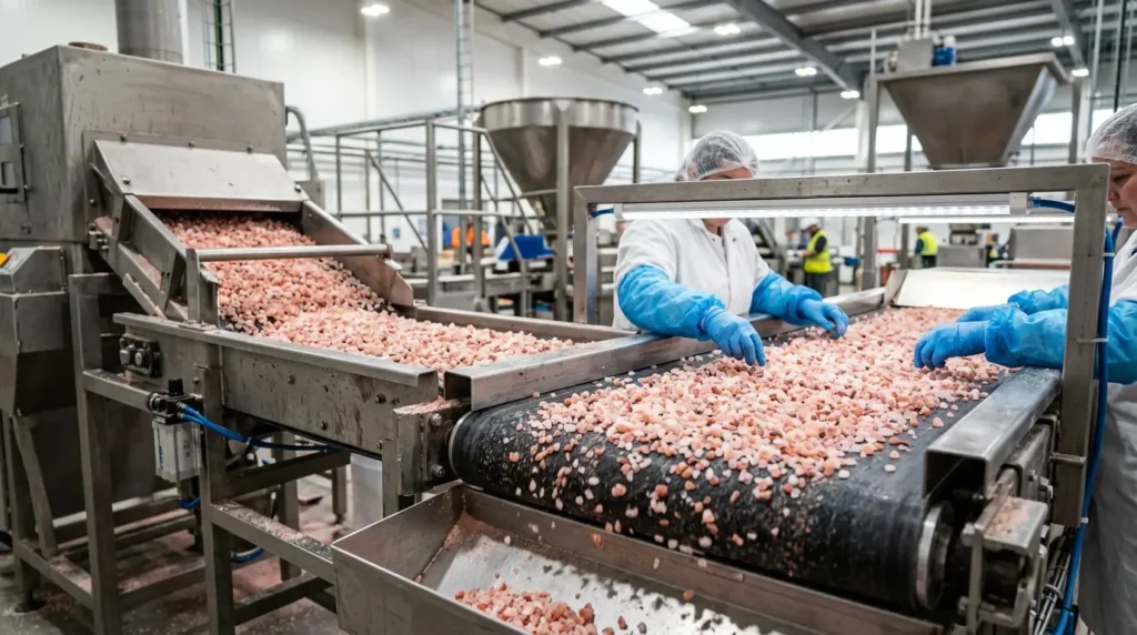 Crushed Himalayan pink salt being sorted and graded on a processing line