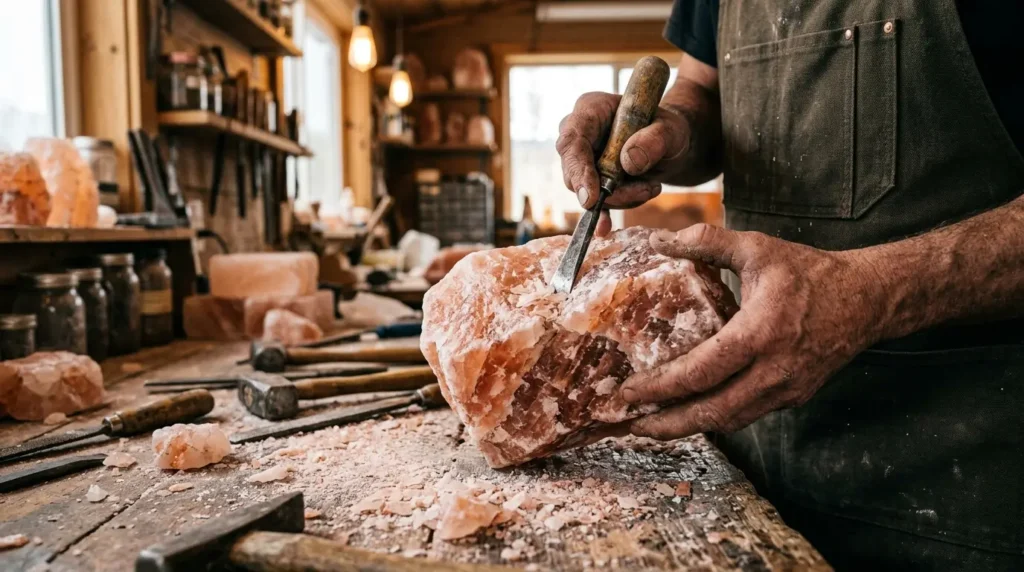 Artisan hands hand-carving a raw pink Himalayan salt block into a lamp shape in a workshop
