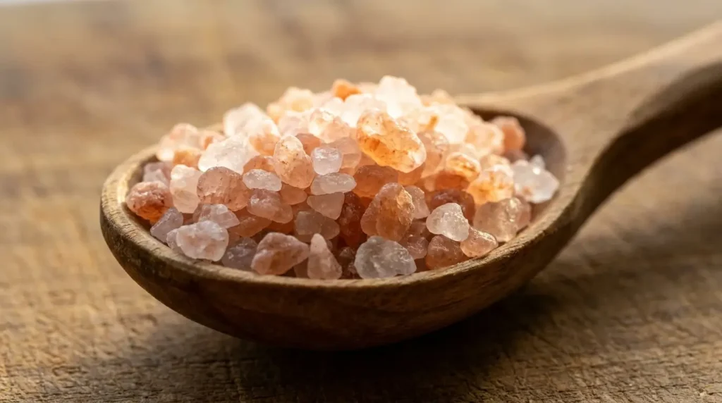 Wooden spoon of coarse Himalayan pink salt crystals