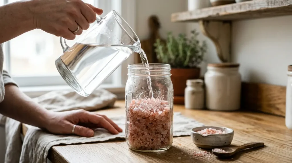 Glass jar of pink Himalayan salt crystals dissolving in water on a kitchen counter