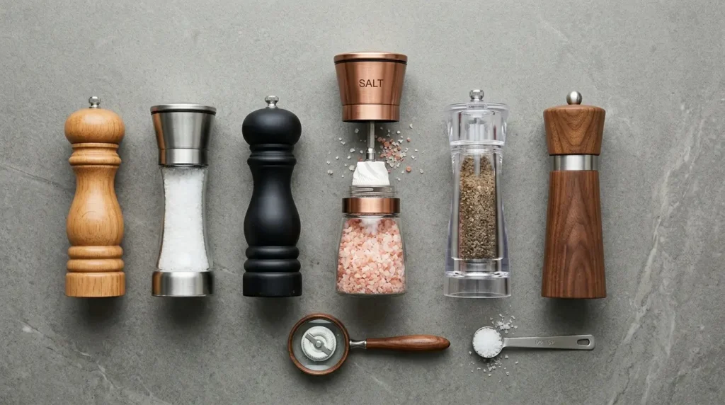Six salt grinders lined up for comparison with one mill opened to show its ceramic mechanism