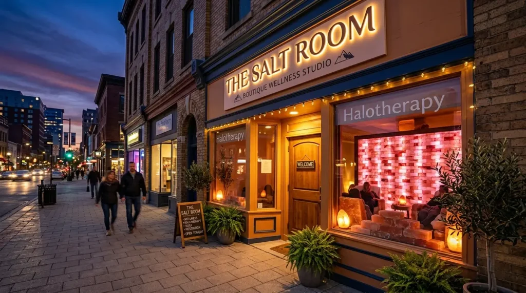 Exterior of a local salt therapy studio offering pink salt cave halotherapy sessions
