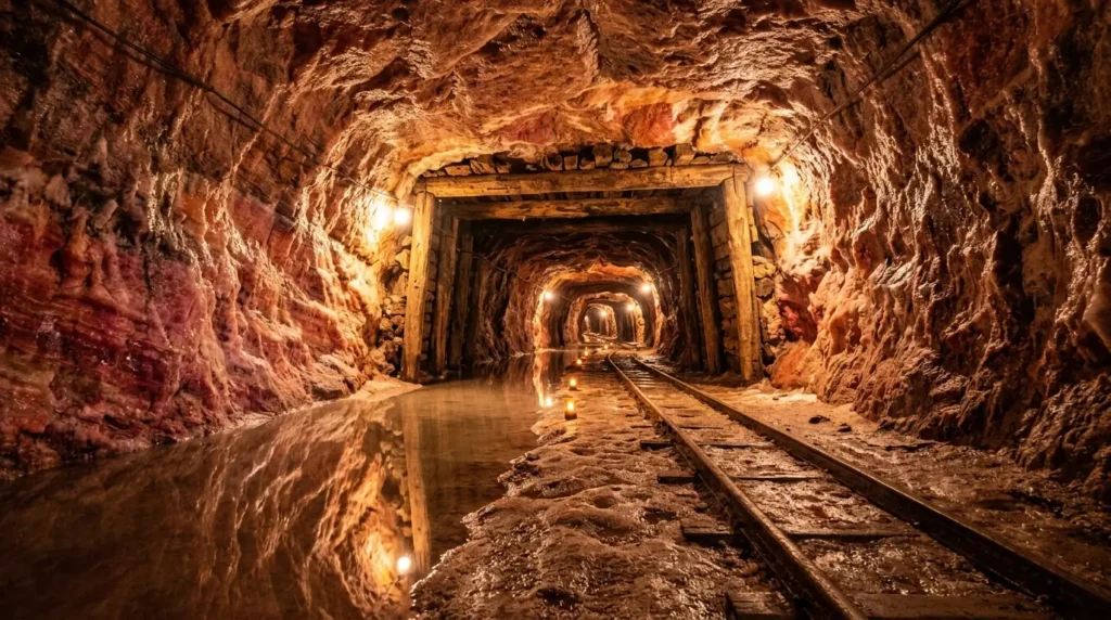 Illuminated pink salt tunnel inside the Khewra Salt Mine in Pakistan
