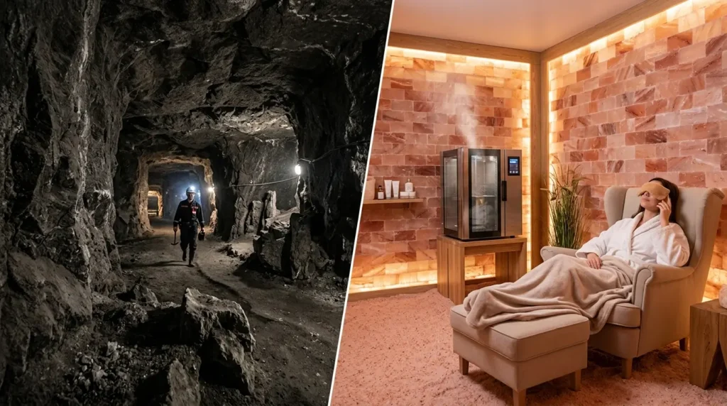 Comparison of a natural underground salt mine cave and a modern built halotherapy salt room