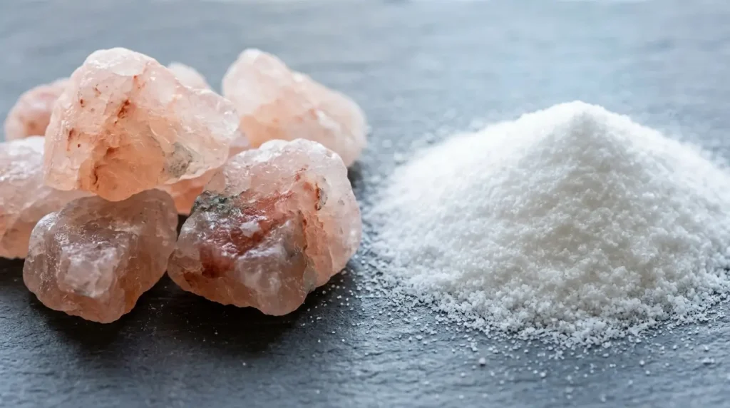 Raw pink Himalayan rock salt chunks beside fine white iodized table salt