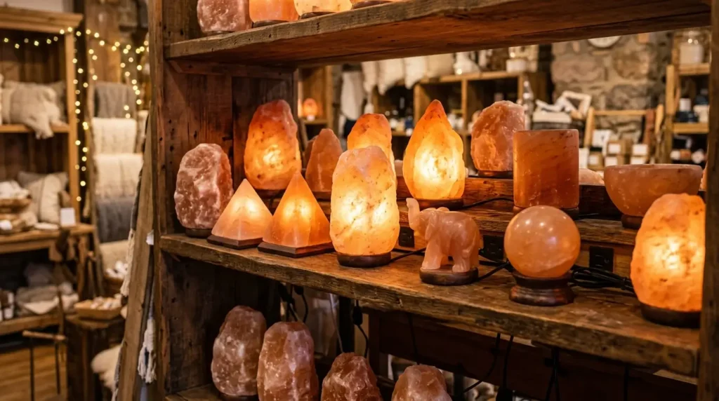 A Himalayan salt lamp glowing beside a modern HEPA air purifier in a living room