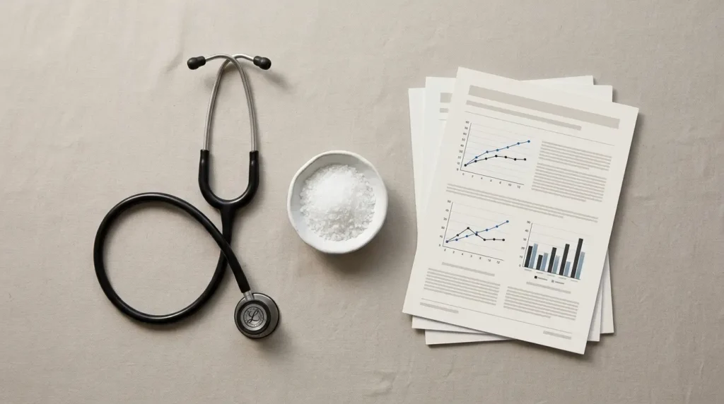 Medical research papers and salt crystals representing the science behind halotherapy claims