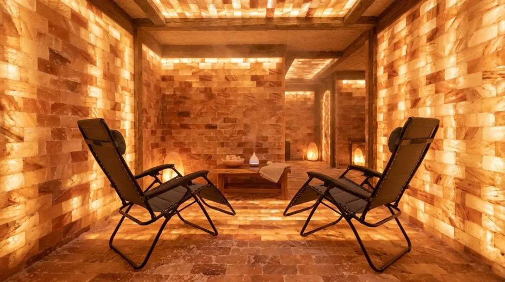 Modern halotherapy room lined with pink Himalayan salt bricks and relaxation chairs