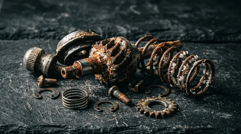 Corroded metal grinder mechanism damaged by rust and dried salt residue