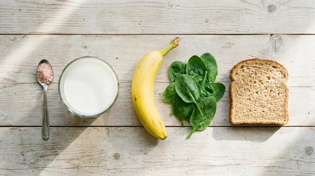 A teaspoon of Himalayan pink salt next to milk, banana, spinach, and bread for nutrient comparison