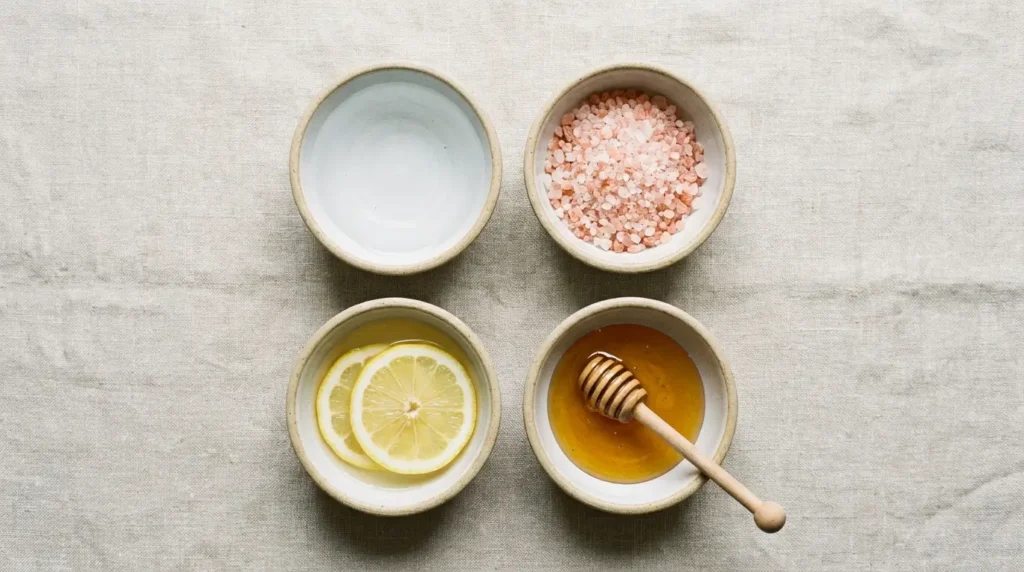Four bowls showing the four ingredients in the pink salt trick: salt, lemon, honey, and water
