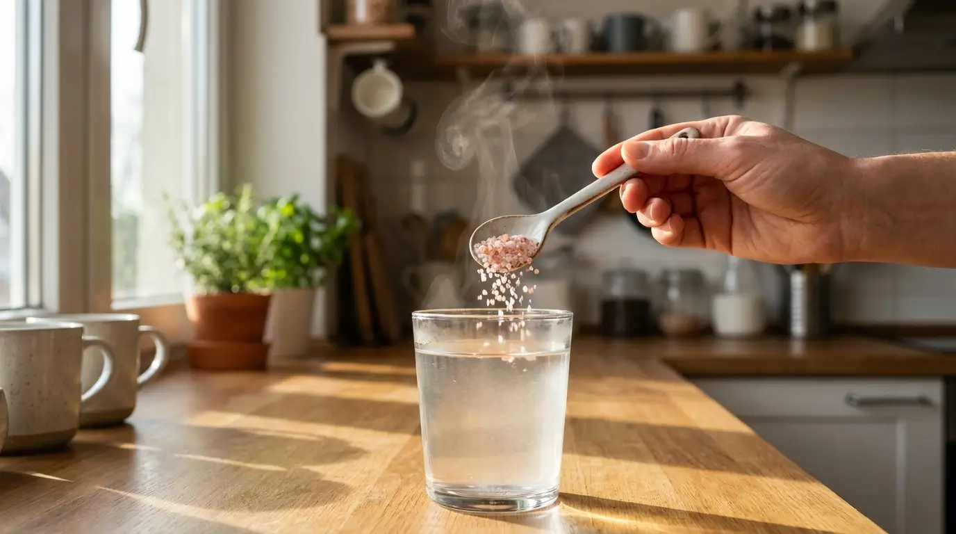 Stirring pink Himalayan salt into water to prepare the pink salt trick recipe