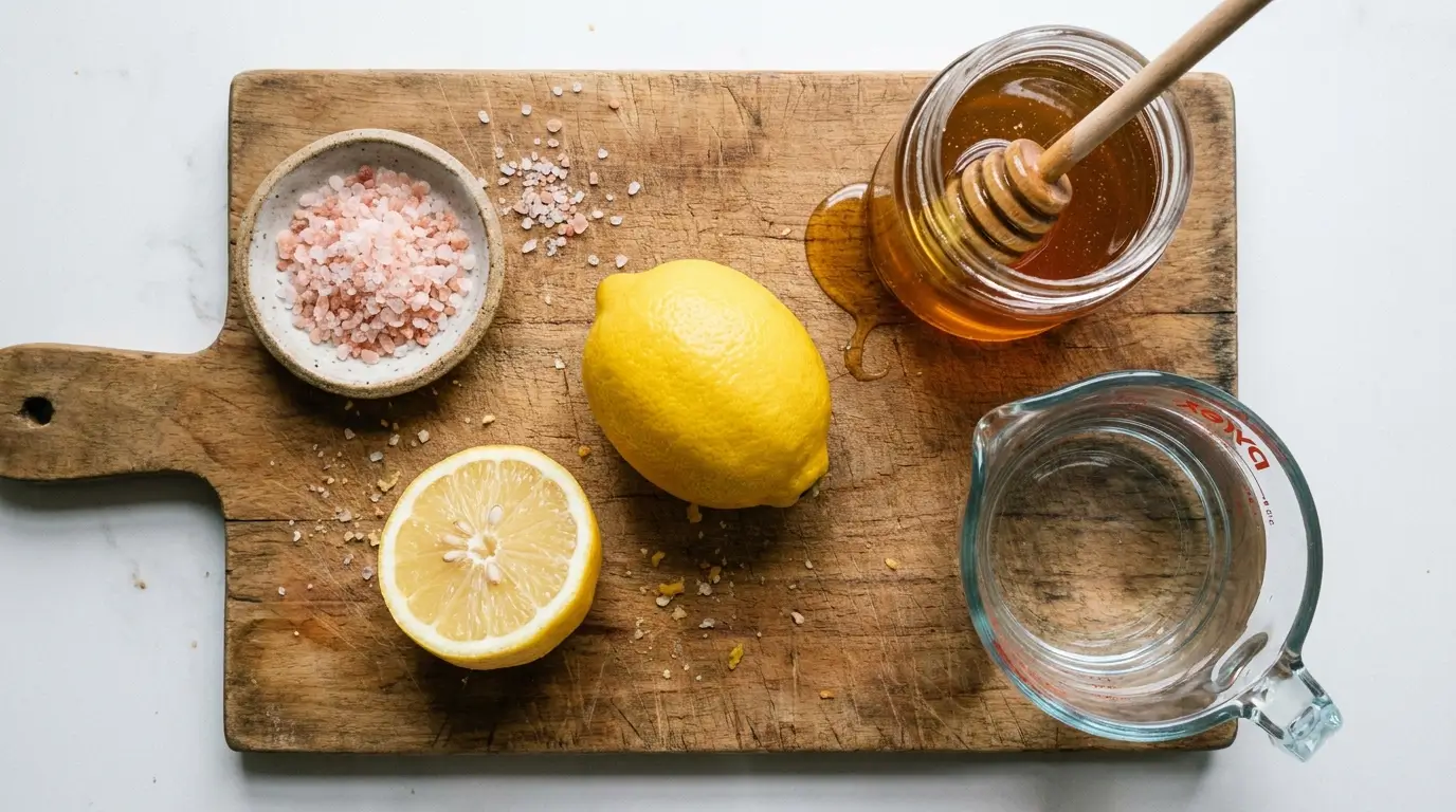 Pink salt trick ingredients including water, pink Himalayan salt, lemon, and honey