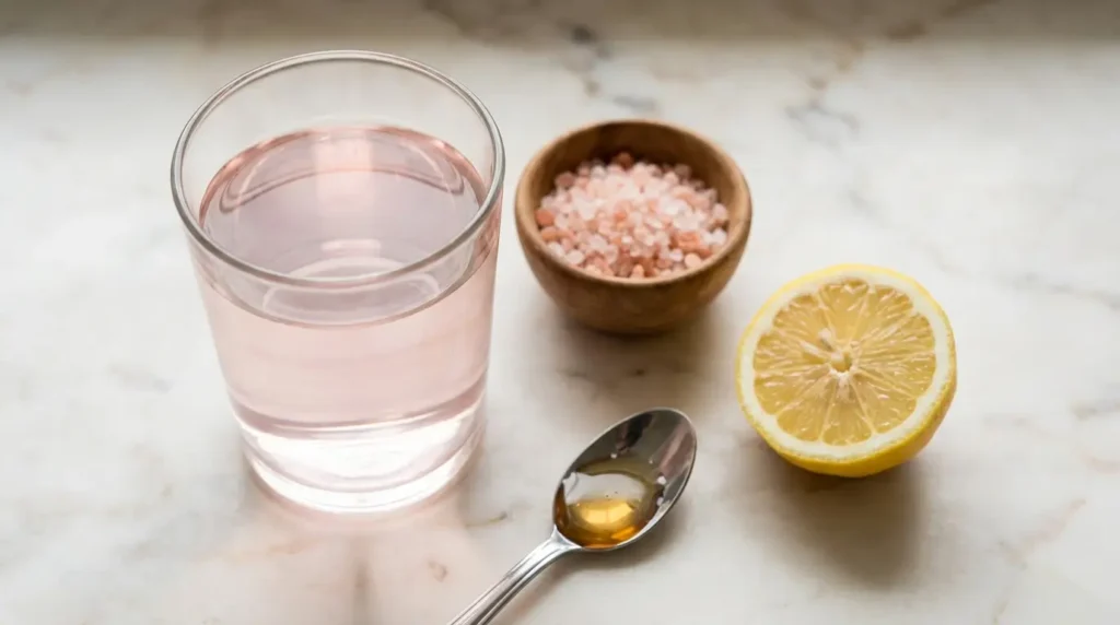 Glass of pink salt trick recipe drink with Himalayan salt, lemon, and honey on a countertop
