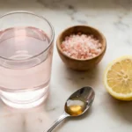 Glass of pink salt trick recipe drink with Himalayan salt, lemon, and honey on a countertop