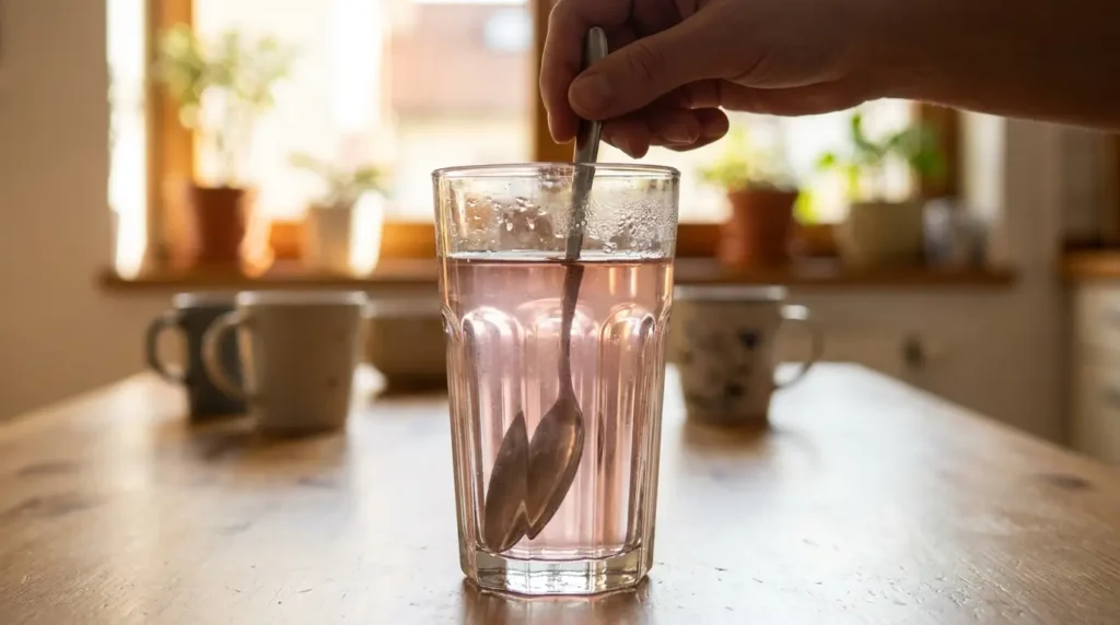 Stirring pink Himalayan salt into a glass of water for the pink salt trick recipe