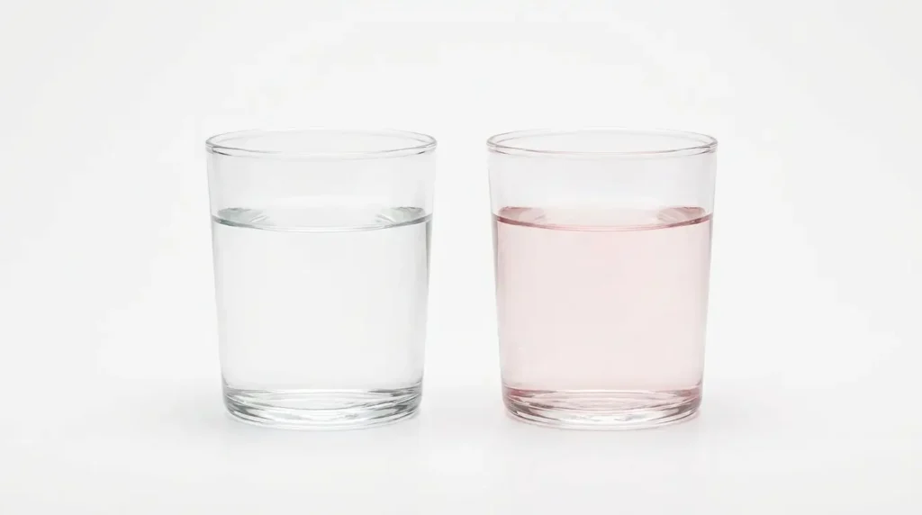 Side-by-side comparison of the pink salt trick drink and a glass of plain water