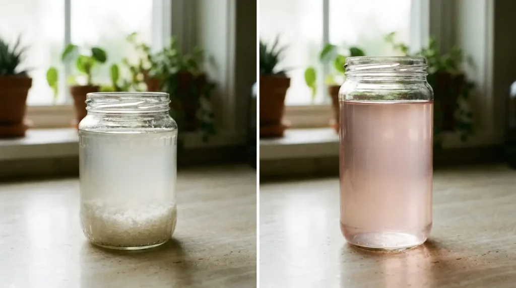 Saturated sole water brine next to a glass of the pink salt trick drink for comparison