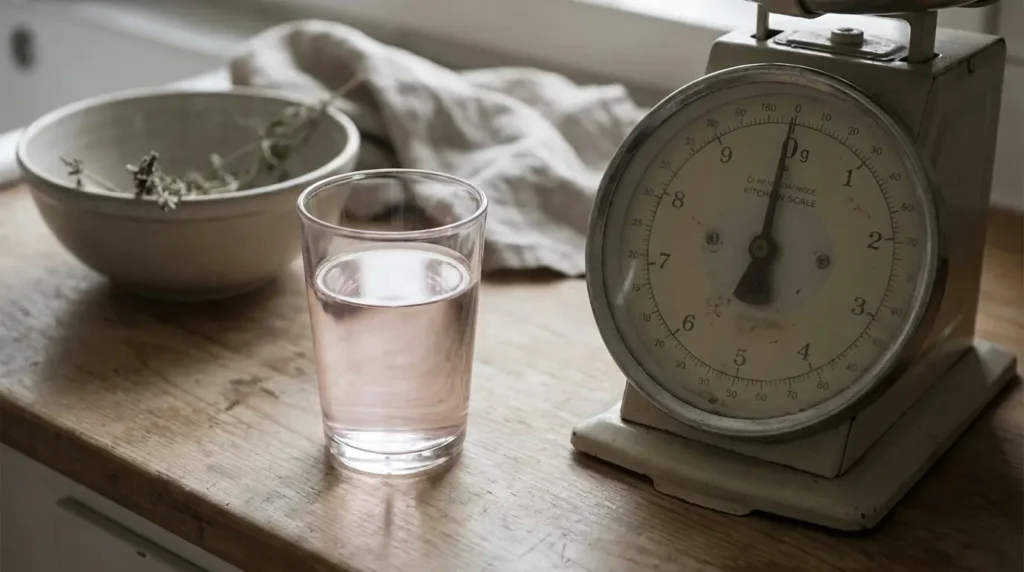 Pink salt trick drink next to a scale, illustrating the lack of evidence for weight loss claims