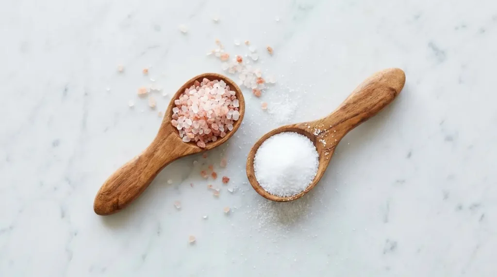 Wooden spoons holding Himalayan pink salt and table salt for quick comparison